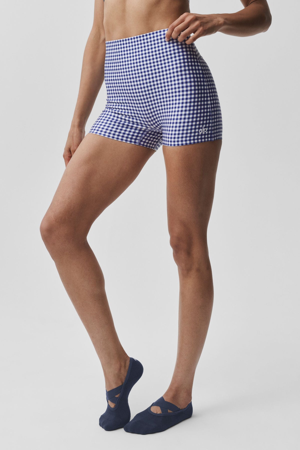3" Airlift Gingham High-Waist Sleek Short - Navy Gingham--2