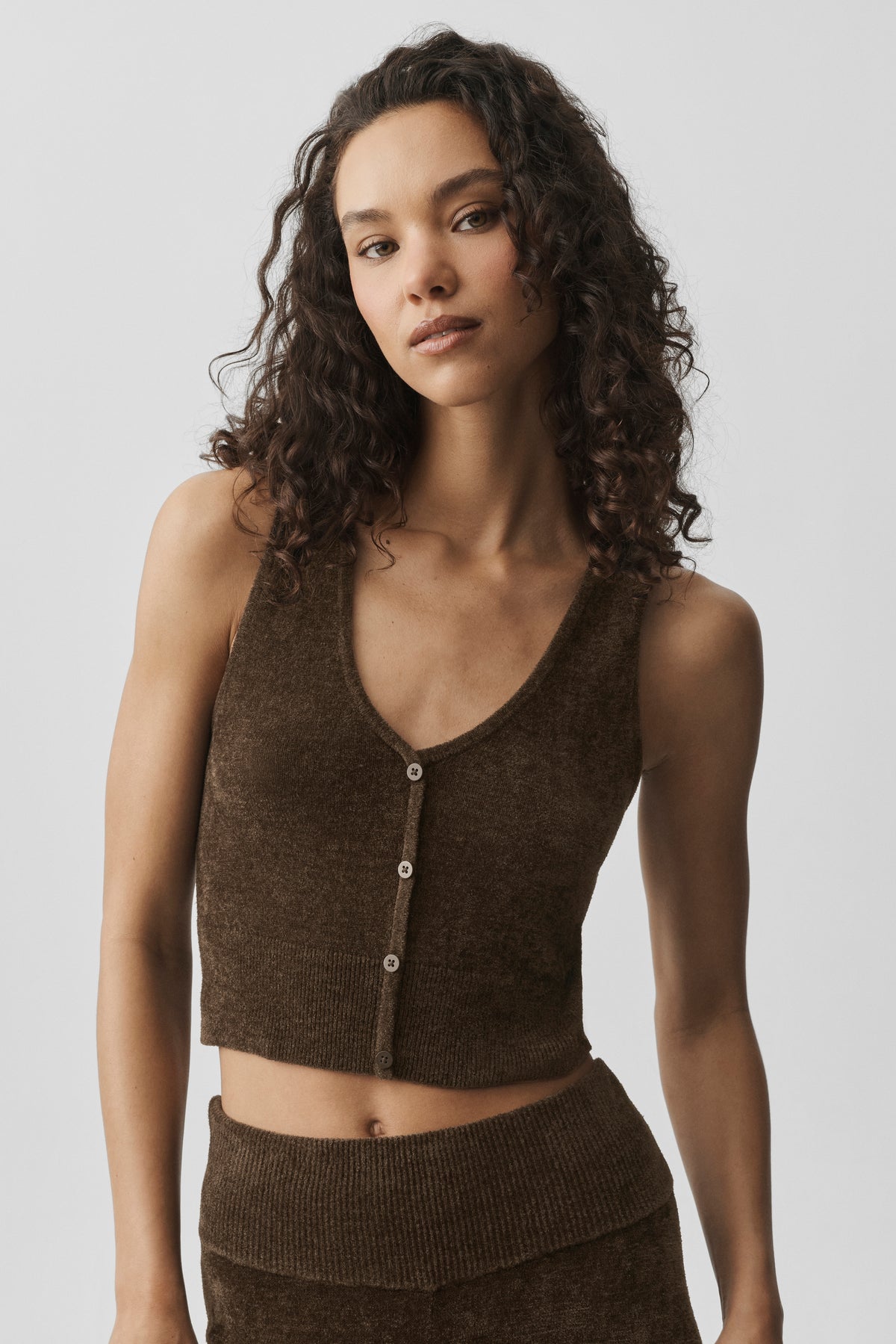 Micro Chenille Button Down Tank - Espresso--2