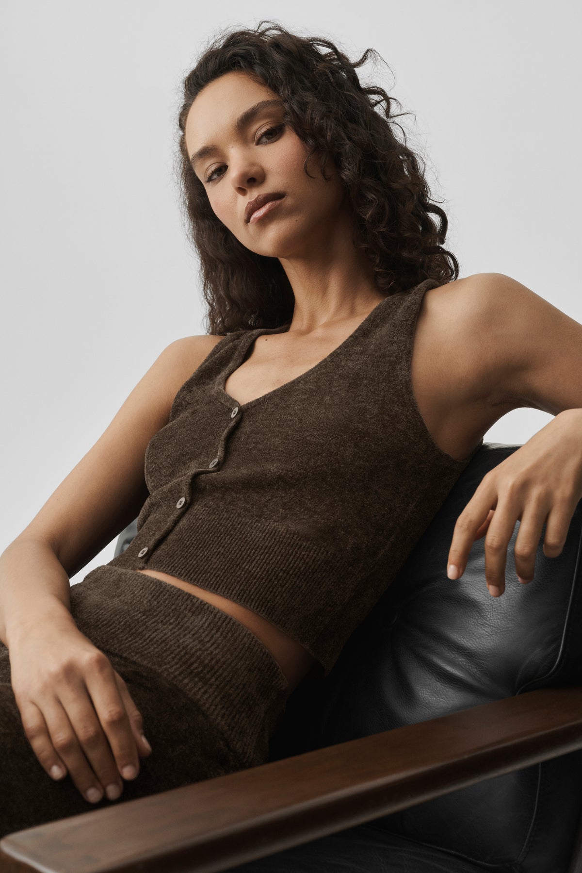 Micro Chenille Button Down Tank - Espresso--4